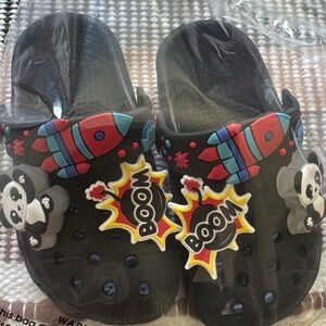 Kids Black Rocket and Panda Clogs